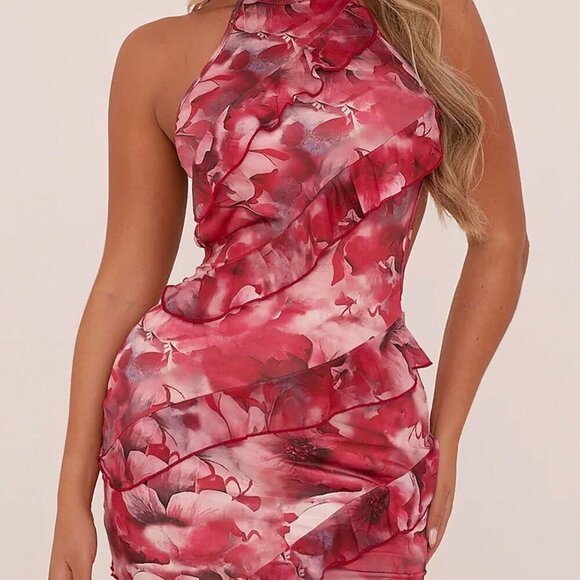 Red Halter Backless Women's Suspenders Ruffle Mini Dress - Picture 7 of 7